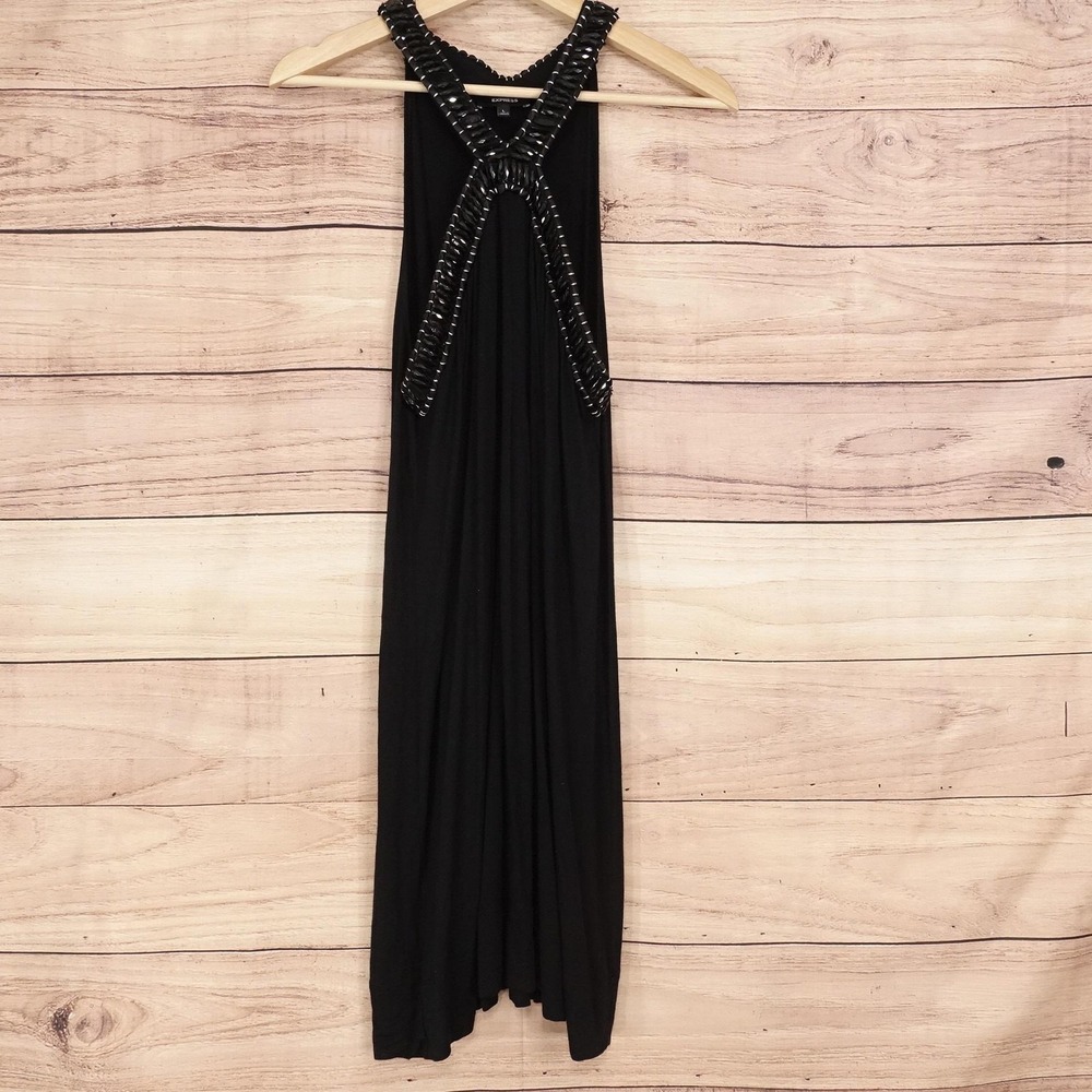 Express Dress Womens L Black Beaded Halter Shift Jersey Knee Length Pockets